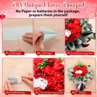 Suncalla Money Flower Bouquet Kit DIY Artificial Soap Rose Gifts with LED Light Kit, Fake Floral Rose Bouquet with Gift Bag Set for Graduation Anniversary Wedding(Red)