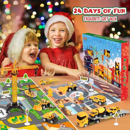 Advent Calendar - Alloy Construction Engineering Vehicle Toy Set with 2 Mats | Perfect Christmas Gift for Boys Ages 3-8 (Yellow)
