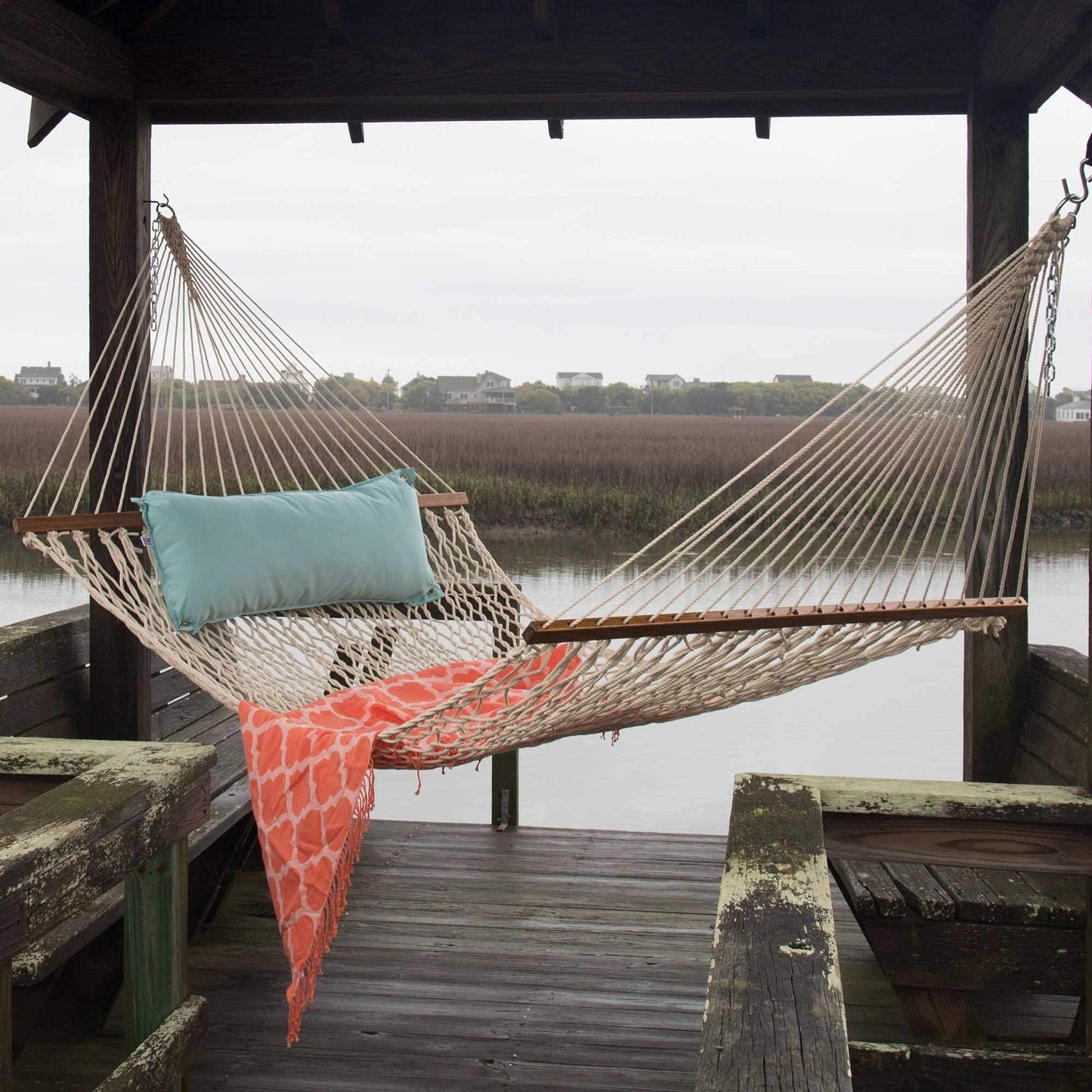 Original Pawleys Island Large Oatmeal DuraCord Rope Hammock – 13 ft. x 55 in., 2-Person, 450 lb Capacity, Oak Spreader Bar, Zinc-Plated Hardware, Handcrafted in the USA