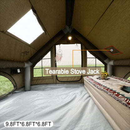 Inflatable Tent, Outdoor Easy Setup Inflatable Tents for Camping, Portable Blow Up Tent with Stove Jack, Cotton Canvas Material for Glamping, for 4 Season, 4/6/8/10 Person Use
