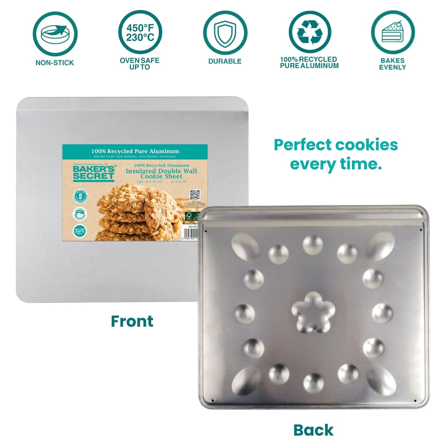 Baker's Secret 2pcs Pure Aluminum Insulated Cookie Sheet Commercial Grade, Baking Tray for Oven 100% Recycled Cookie Sheet Extra Thick - The Natural Collection