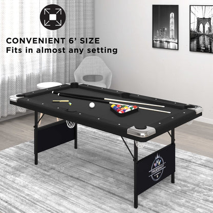 Fat Cat Trueshot 6 Foot Foldable Pool Table, Folding Billiard Table with Leg Levelers, K-818 Bumpers, Space Saving Design, Includes Cues and Balls