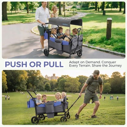 MOMFANN Wagon Stroller for 4 Kids, All-Terrain 4-Seater Folding Wagon with 5-Point Harness, Adjustable Push-Pull Handle, Removable Canopy, Oversized Storage Organizer, Compact Fold - Grey