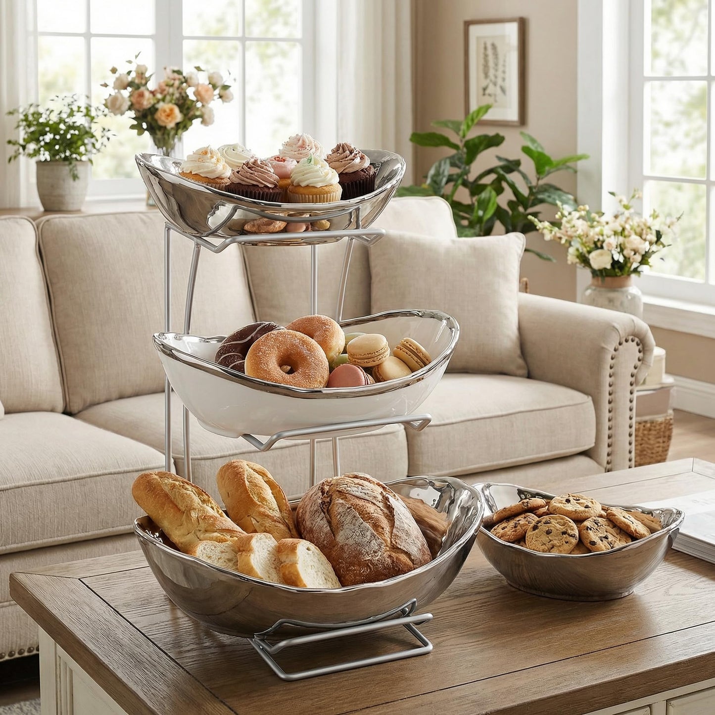 Goaste 3 Tier Ceramic Fruit Bowl, Oval Tiered Serving Bowl Set, Porcelain Fruit Basket with Metal Stand, Large Detachable Fruit Storage Holder Rack for Kitchen Counter, Vegetable, Cake, Dessert, Salad