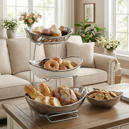 Goaste 3 Tier Ceramic Fruit Bowl, Oval Tiered Serving Bowl Set, Porcelain Fruit Basket with Metal Stand, Large Detachable Fruit Storage Holder Rack for Kitchen Counter, Vegetable, Cake, Dessert, Salad
