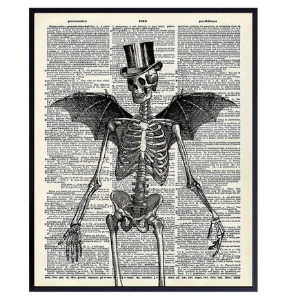 Skeleton Decor - Bat Wall Decor - Steampunk Decoration - Gothic Home Print Wall Art - Goth Room Picture - Gothic Gifts - Medieval Art - Creepy Scary Poster 8x10 - Halloween Decorations - Skull Picture