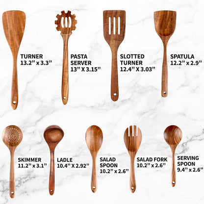 Zulay Kitchen 9-Piece Teak Wooden Utensil Set - Premium Non-Stick Cooking Tools in Gift Box | Comfortable Grip