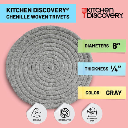 Trivets for Hot Pots and Pans, Kitchen Discovery 8" Chenille Trivets, Set of 3 Large Woven Hot Holders