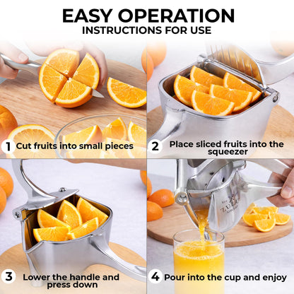 Zulay Manual Fruit Juicer- Heavy Duty Juice Press Squeezer with Detachable Lever & Removable Strainer - Fruit Press & Hand Juicer For Pomegranates, Lemons, Oranges, and More (Silver)
