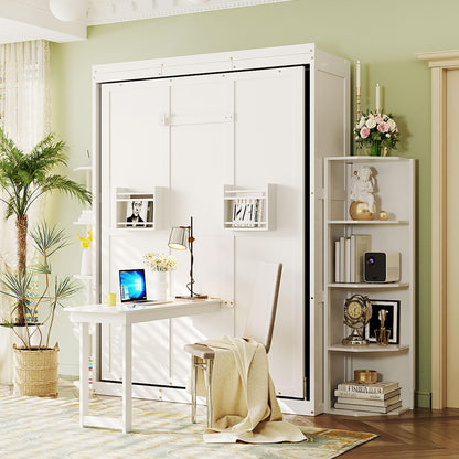 Rotating Full Murphy Bed with Hidden Wall Cabinet, Dual 3-Tier Side Shelves, Convertible Desk, Extra Storage Racks, Space-Saving Multifunctional Wall Bed for Home Office &Small Rooms, White