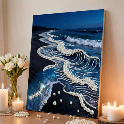 vhemo DIY 3D Pearl Painting Kit with Wooden Frame - Upgraded Diamond Art Kits for Adults, Ready to Hang Gem Painting, Relaxing Paint by Numbers, Creative Mosaic Craft (Serene Beach)