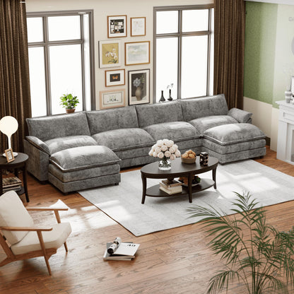 Shahoo Couches for Living Room, Sectional Modular Sofa U Shaped Chenille Fabric Couch with High Supportive & Soft Sponges and Removable Ottoman, Sleeper Comfy Upholstered Couch, Grey