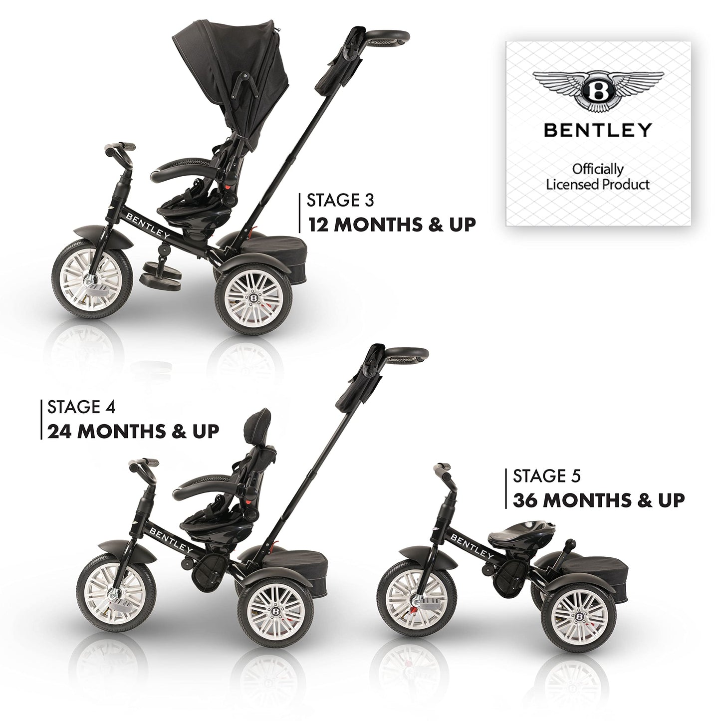 Bentley 6-in-1 Baby Stroller & Toddler Tricycle – Officially Licensed Luxury Kids Bike, Convertible Travel Strollers & Kid Trike with Air Wheels, Canopy & Safety Features (6m-5y+ | Onyx Black )