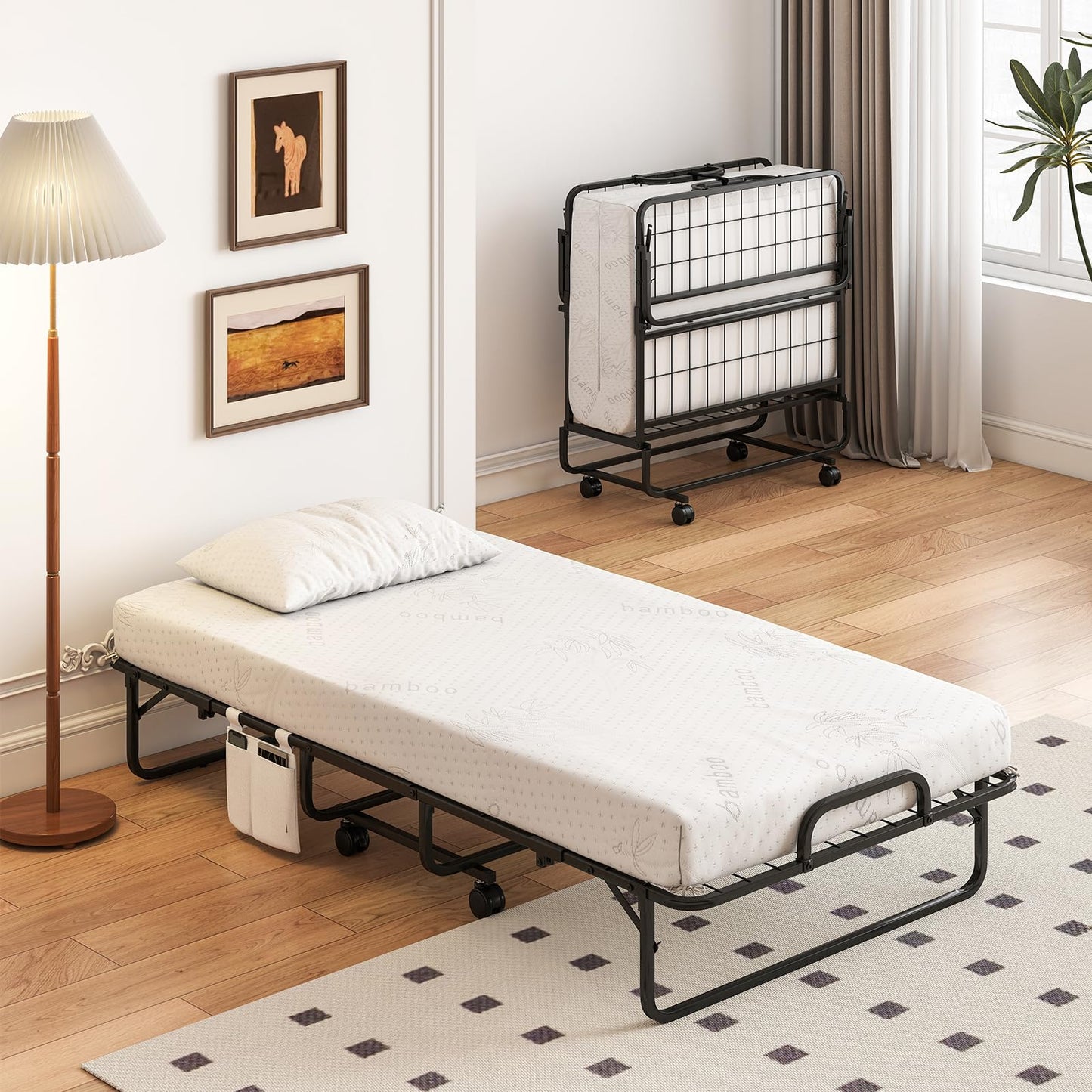 Giantex Twin Folding Bed with 5 Inch Mattress, Rollaway Guest Bed with Top Pillow, Storage Pocket & Metal Frame, Space-Saving Fold up Beds, Portable Roll Away Beds for Adults, 75" x 39"