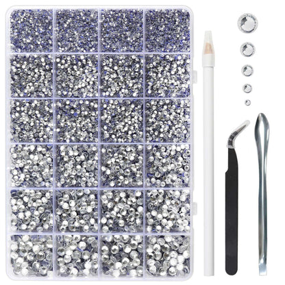 Crystal Hotfix Rhinestones Multi Sizes Kit, 14400 pcs Heat Fix Rhinestone for Bedazzling Clothes Crafts Mixed 5 Sizes with Wax Pencil, Tweezers and Spoon, SS6-SS30, Crystal