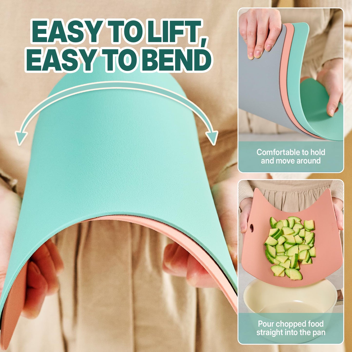 Firgi TPU Small Cutting Board Set of 3 9"x12" - Flexible Cutting Mats for Kitchen Knife Friendly, Cutting Mat Non-Slip Chopping Board Double Sided Scratch Resistant Food Grade Coral Mint Gray