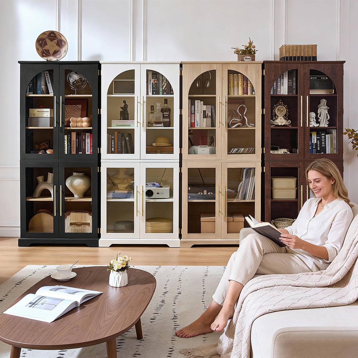 Joaxswe 72" Tall Bookshelf Set of 2, Farmhouse Bookcase with 3-Tier Adjustable Shelves, Modern Living Room Display Cabinet with Glass Doors, Large Storage Cabinet for Home Office,Dining Room, Walnut