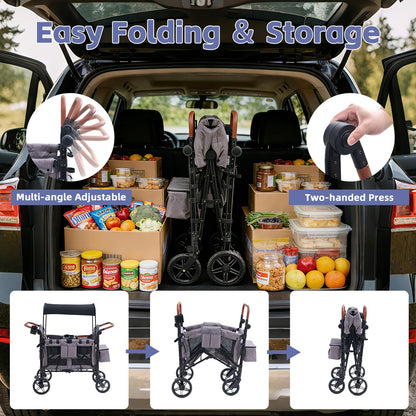 Stroller Wagon for 4 Kids, 4 Seater Wagon Stroller with Snack Tray, Large Storage Bag, Phone Cup Holder, Removable Canopy, Foldable Wagon Stroller 4 Seater with Adjustable Push Handles (Grey)