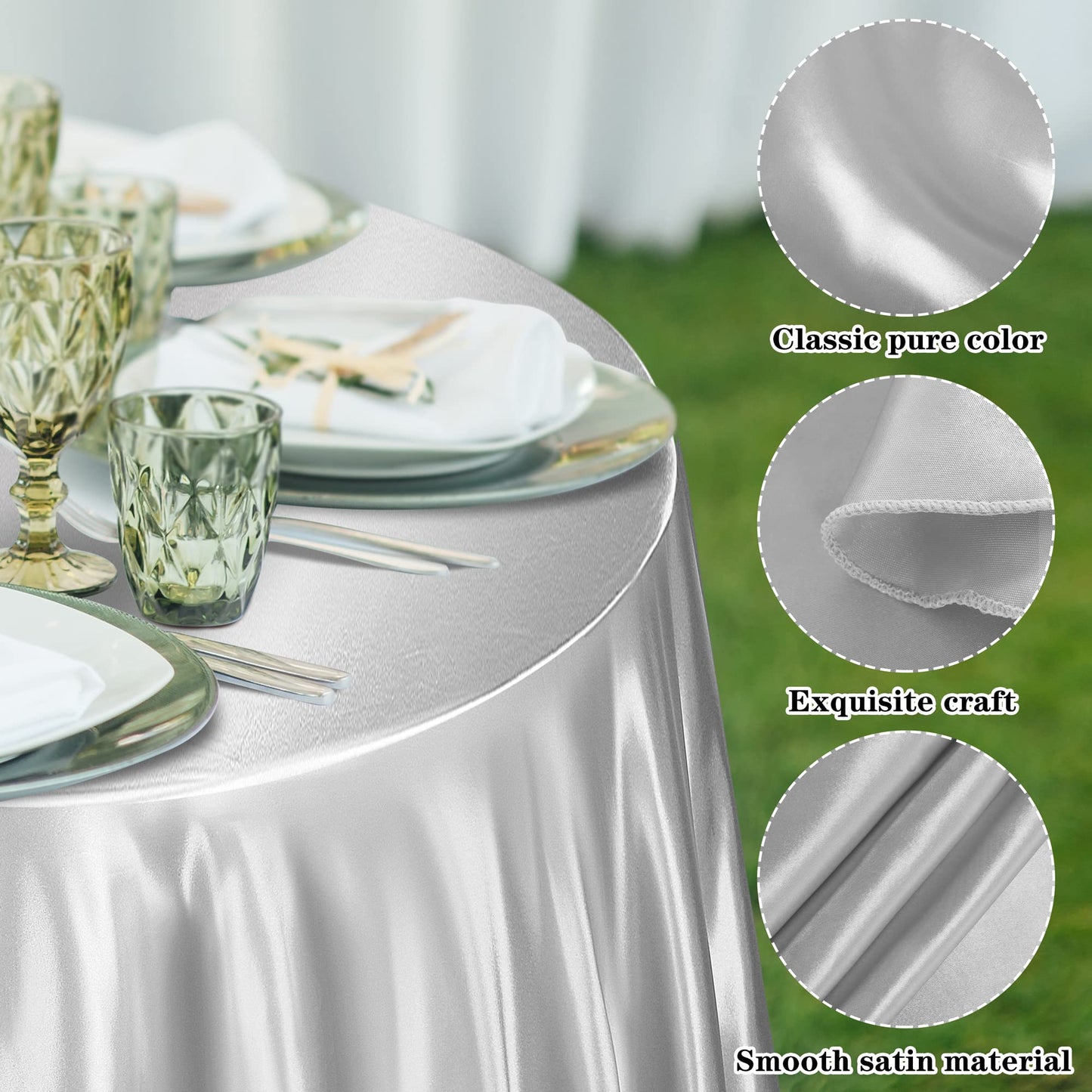 TURSTIN 2 Pieces Round Satin Tablecloth 120 Inches Overlay Table Cover Smooth Fabric Table Decor Bright Silk Tablecloth for Holiday Dinner Wedding Banquet Table Decoration (Light Silver)