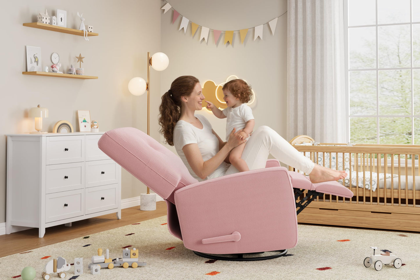 GarveeHome Recliner Chairs, Swivel Rocker Recliner, Glider Recliner Nursery Chair for Adults, 360° Swivel Glider Rocking Chair for Living Room, Bedroom, Office, RV, Small Spaces, Corduroy, Pink