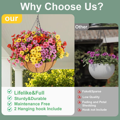 Wanderroot Artificial Outdoors Flowers with Hanging Basket, UV Resistant Fake Hanging Flowers, Faux Silk Plants with Planters for Porch Home Patio Balcony Yard (Rose Red, Purple, Yellow, Red)