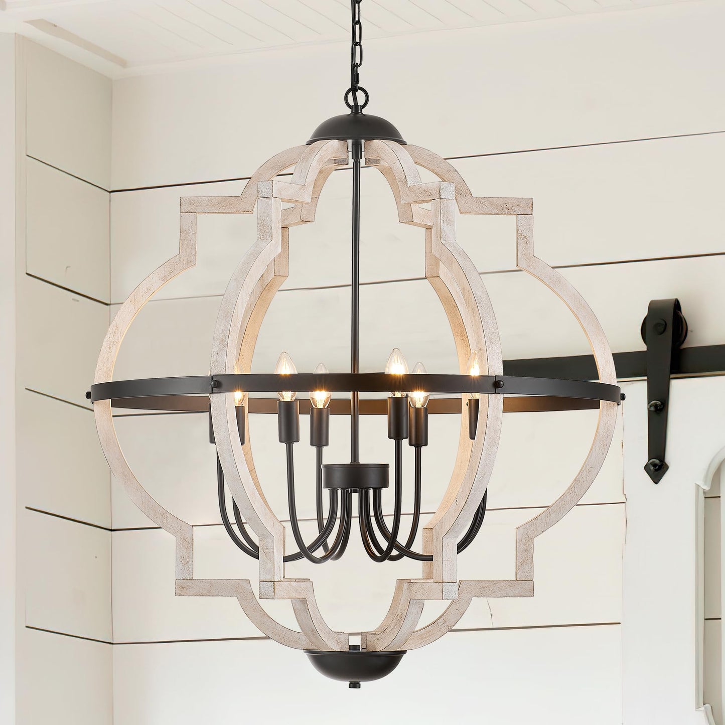 Faibra 8-Light Wood Pendant Light,31.96'' Vintage Rustic White Wood Chandeliers,Retro Industrial Hanging Light Fixtures for Dining Room Entryway, Bedroom
