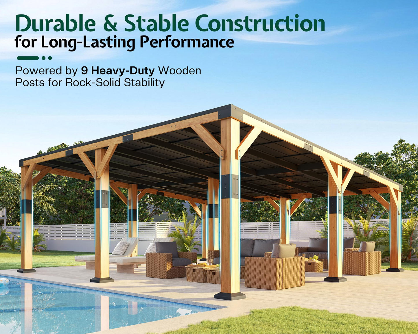 Jocisland 20' x 20' Cedar Wood Gazebo with Sloped Galvanized Steel Roof, Hardtop Gazebo Pavilion with Durable, Rot-Resistant Construction, Permanent Outdoor Pergola for Backyard, Garden & Deck