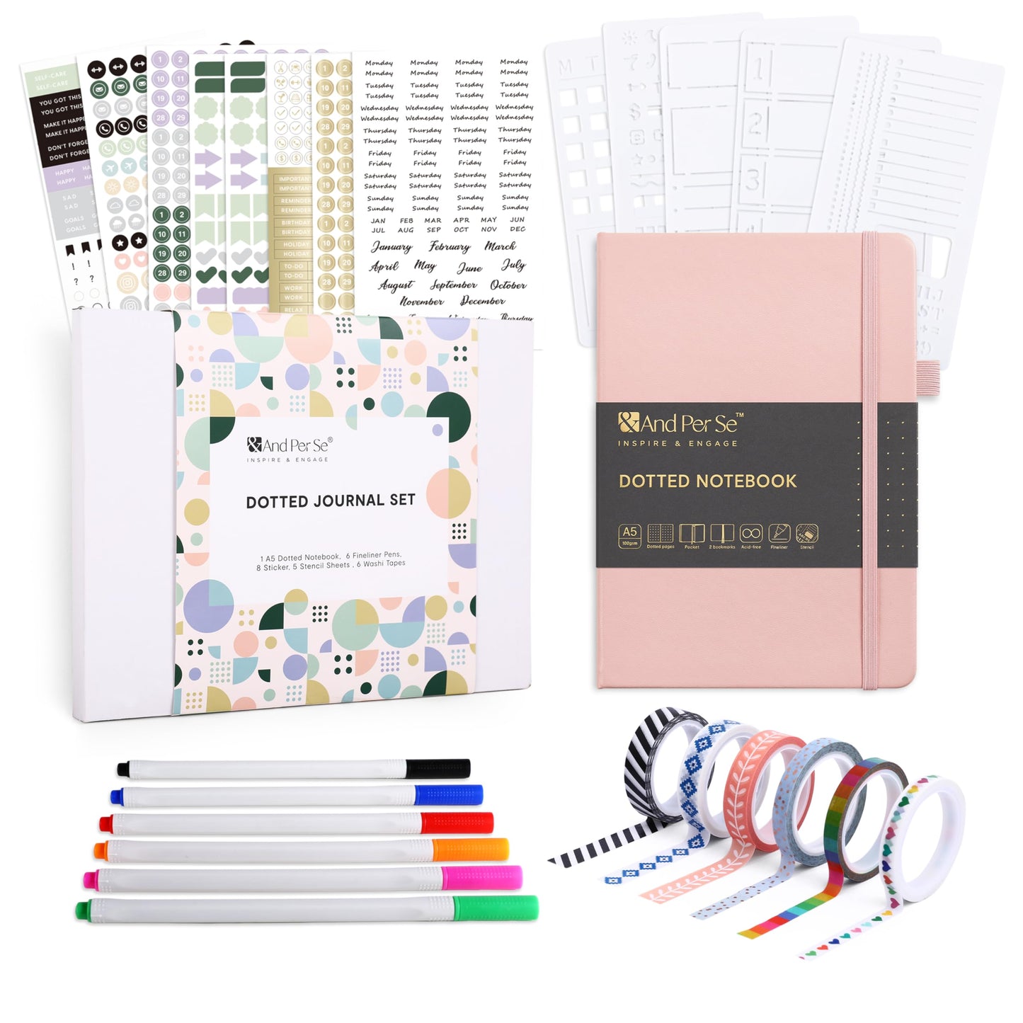 &And Per Se Dotted Journal Kit – Journaling set with Dotted Notebook, Stencils, Stickers, Washi Tapes & Colored Pens for Beginners (Pink)