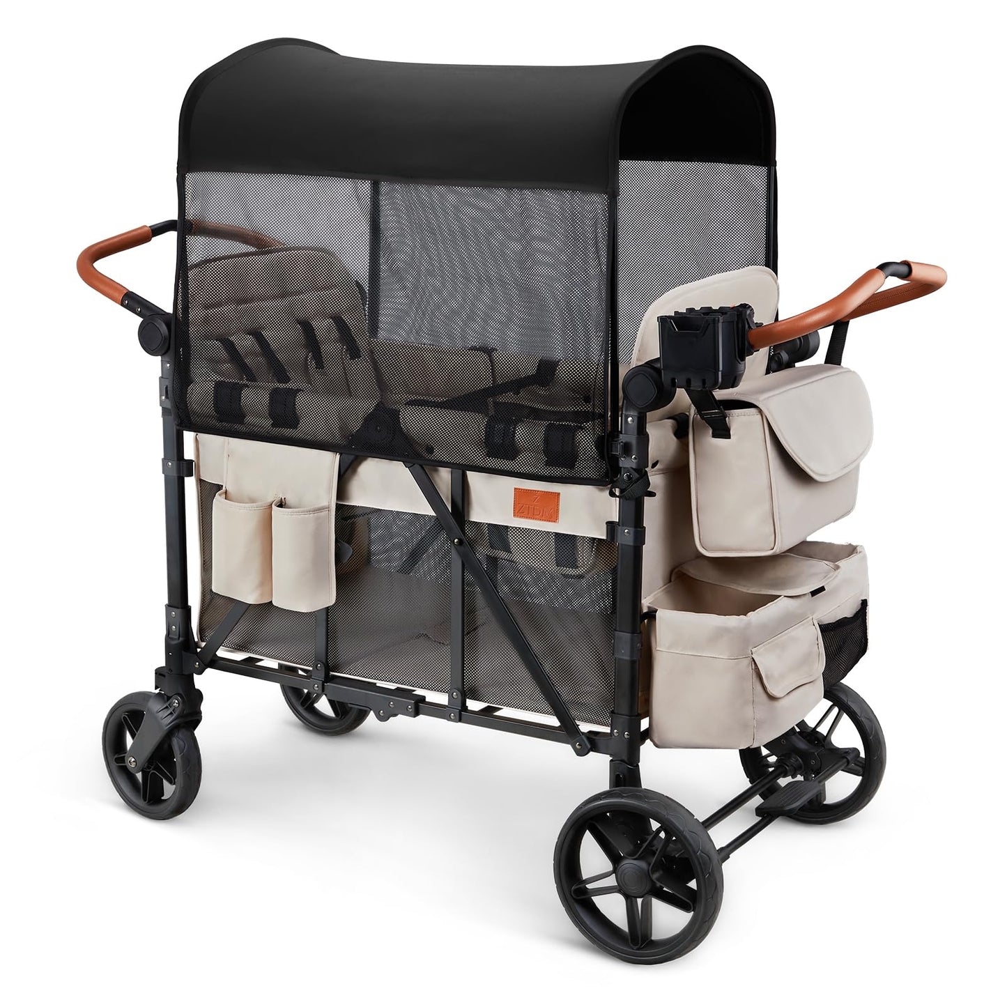 ZTDM Wagon Stroller for 4 Kids, All-Terrain Wagon for Toddler with Canopy, Parent Organizer, Shoulder Bag, Adjustable Handlebar, Phone Holder, High Seat & 5 Point Harness, Ultimate Quad (Beige)