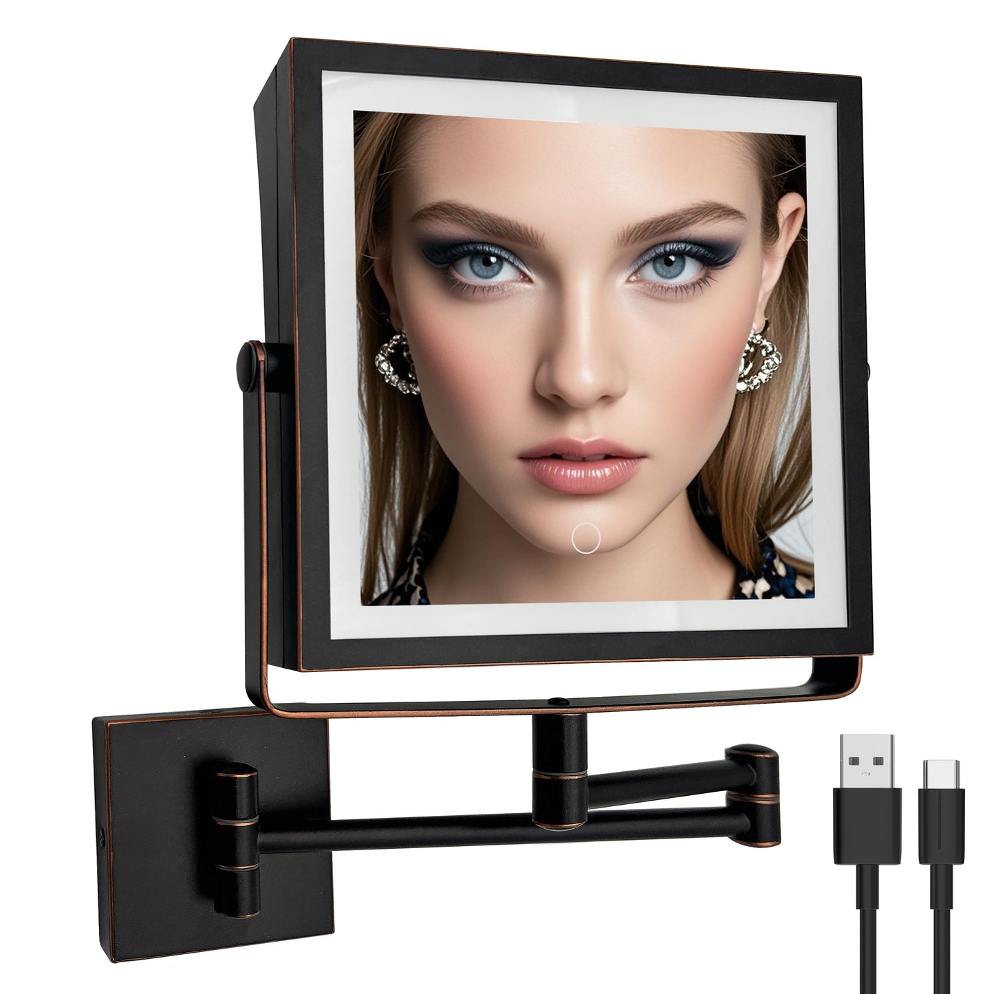 Ruacq Rechargeable Wall Mounted Makeup Mirror with Lights, Double Sided 1X/10X Magnifying Vanity Mirror with 3 Color Lighting, Touch Screen Dimmable, 360° Rotation Extension Foldable Arm(Matte Black)