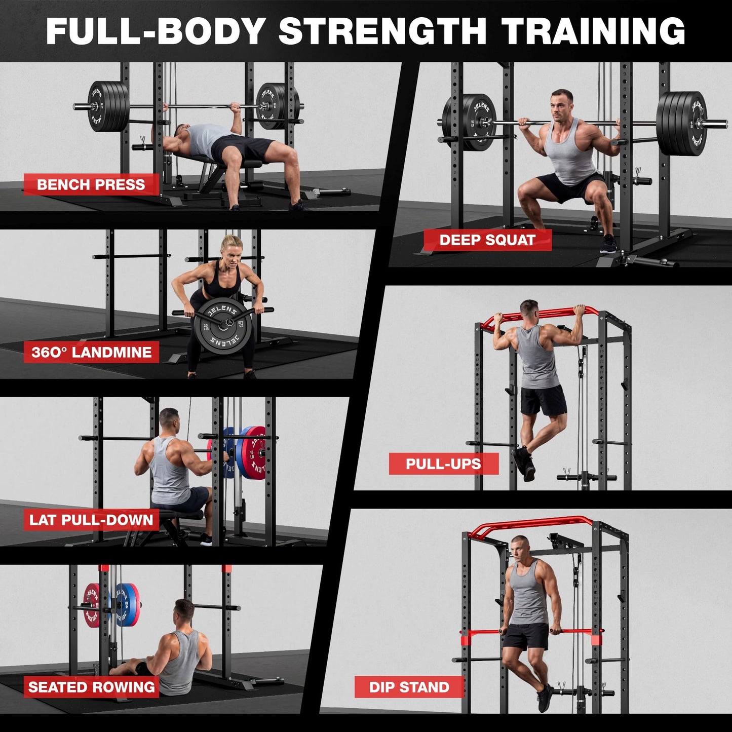 JELENS S11 Power Cage, 2000LB Multi-Function Power Rack with LAT Pulldown, Squat Rack with Adjustable Pulley System and Training Attachments, Weight Rack for Home Gym (370LB Black Weights Package)