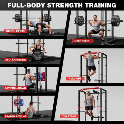 JELENS Power Cage, 2000LBS Multi-Function S11 Power Rack with LAT Pulldown, Squat Rack with Pulley System and More Training Attachments, Weight Workout Machine for Home Gym (Weight Bench Package)