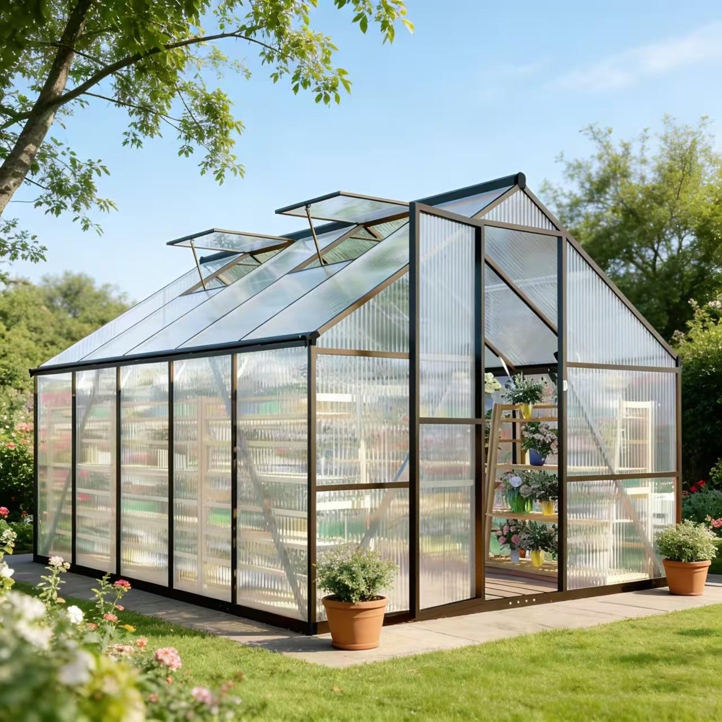 8x10 FT Greenhouse for Outdoors, Polycarbonate Greenhouse with Quick Setup Structure and Roof Vent, Aluminum Large Walk-in Green House for Outside Garden Backyard, Charcoal Black
