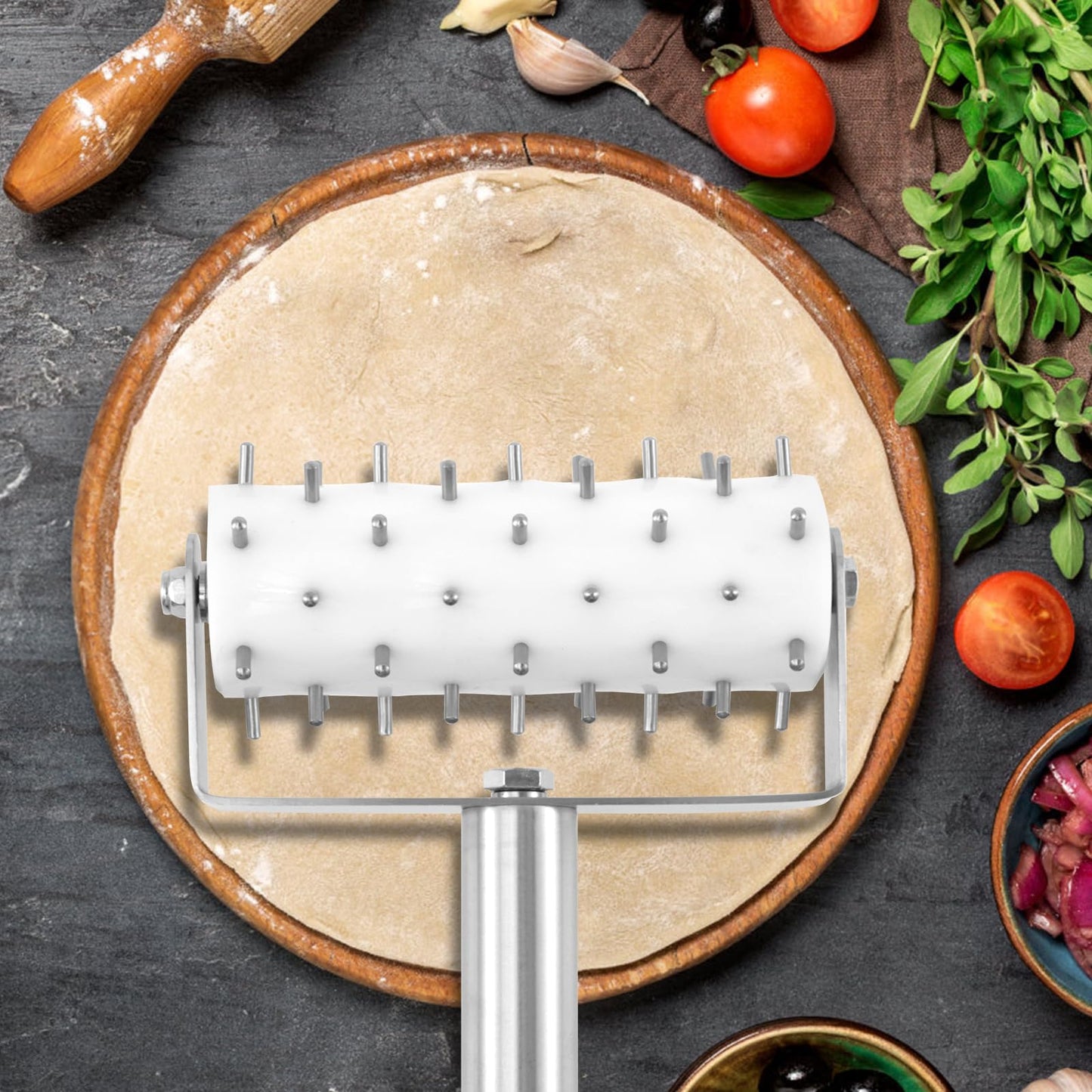 Stainless Steel Pizza Dough Docker with Spikes, Professional Pizza Dough Roller, Ergonomic Pizza Roller, Multifunctional Pizza Docker, Pizza Dough Press for Making Pizza Cookie Pie Pastry, Silver