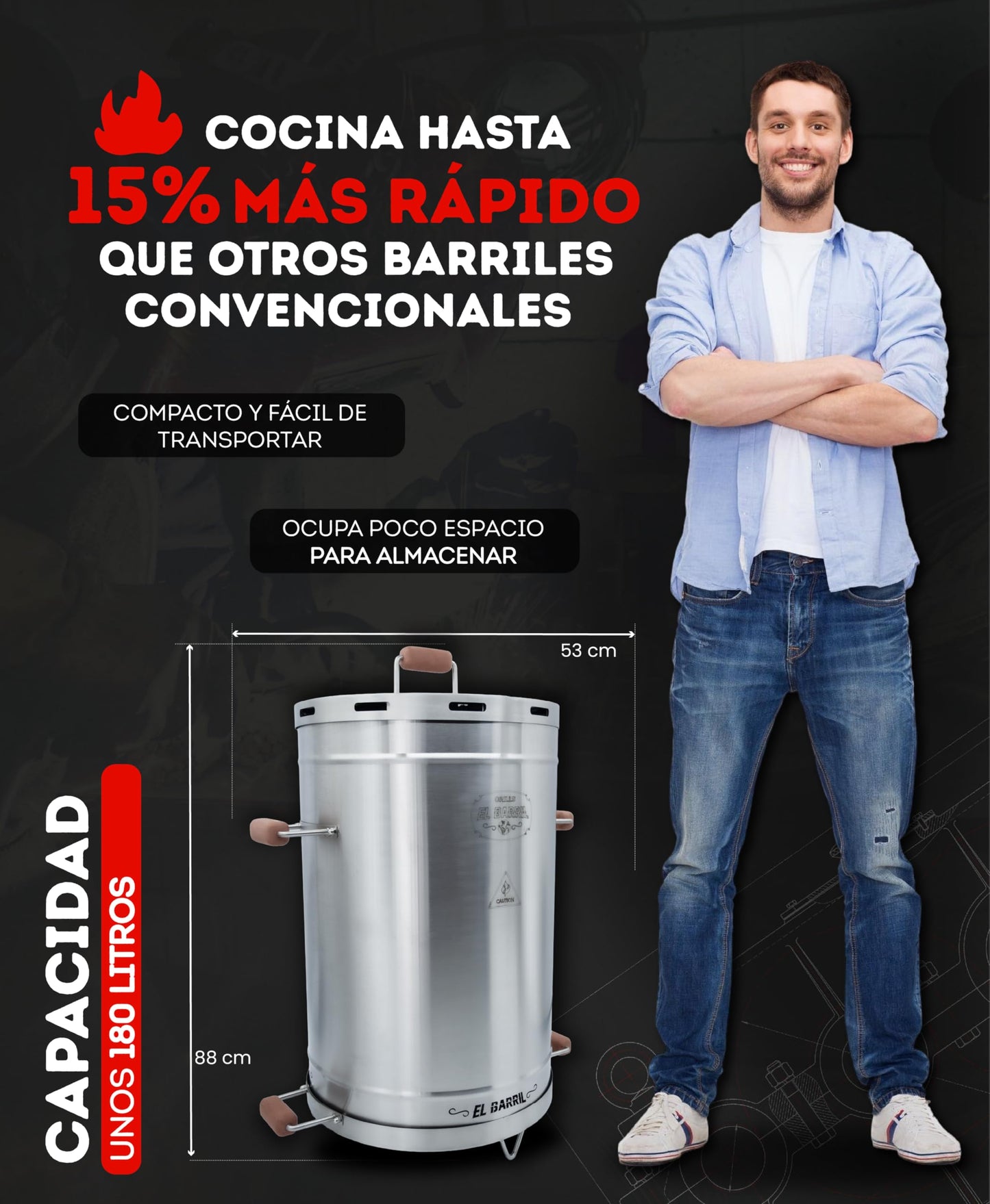 EL BARRIL 30LBS Lite Large Barrel Smoker Grill – Juicy, Even BBQ Every Time, 430 Stainless Steel, Vertical Charcoal Barrel Grill and Rust-Resistant Design, Perfect for Family, Parties & Outdoor