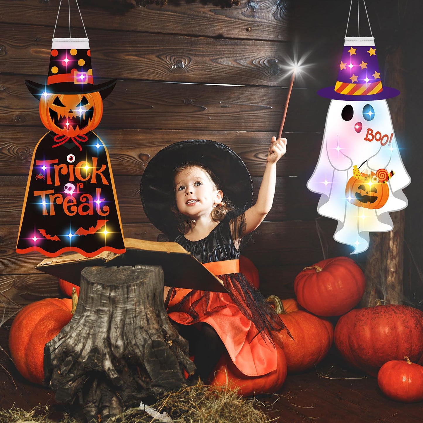 Amyhill 4 Pcs Halloween Windsocks with LED Lights Outdoor Decoration Pumpkin Ghost Skeleton Witch 40 Windsock Flag Hanging Decorations for Yard Tree Porch Garden Patio Halloween Party Supplies