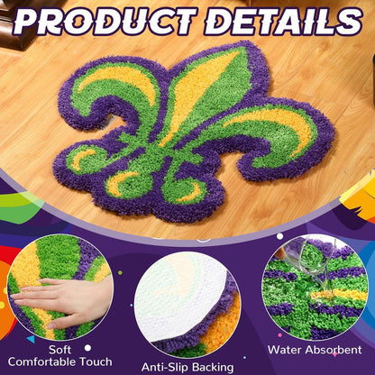 Dunzy Mardi Gras Bathroom Rug Fleur De Lis Indoor Welcome Mat Non Slip Bath Mat Water Absorbent Microfiber Plush Washable Carpet Home Decor, 27.6 x 27.6 Inches