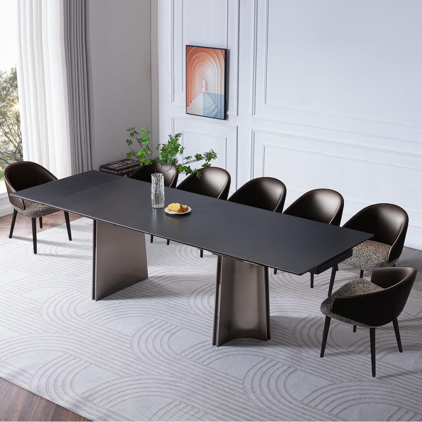 TimesGate Extendable Dining Table for 8-12 Seat, Flexible Stretch, Tabletop Made from Rock Plate and Tempered Glass, Stable Stainless Steel Brushed Table Legs, 35.4"D x 106.3"W x 30.7"H, Pure Black