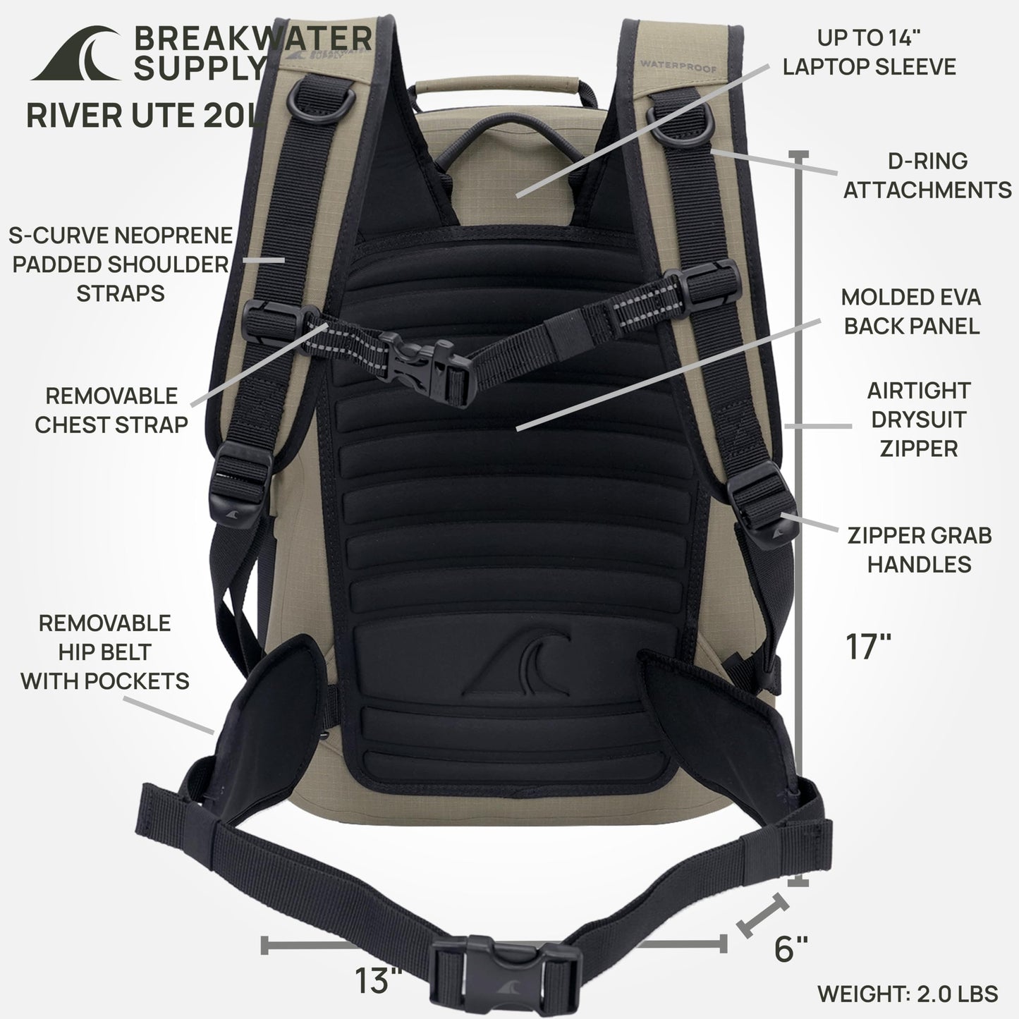 Breakwater Supply™ River Ute Waterproof IP68 Hunting Backpack, Floating TPU Submersible Dry Bag with Padded Hip Belt and Airtight Zippers | 20L (River Ute 20L CORDURA Safari Tan)