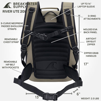 Breakwater Supply™ River Ute Waterproof IP68 Hunting Backpack, Floating TPU Submersible Dry Bag with Padded Hip Belt and Airtight Zippers | 20L (River Ute 20L CORDURA Safari Tan)