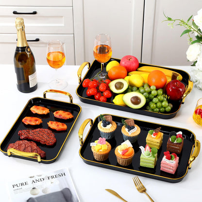 Rtteri Set of 6 Serving Platters with Handles 18.3/16.73/14.8 Inch Large Rectangular Serving Tray Reusable for Entertaining Dinner Party Wedding Decoration(Golden Handles,Black)