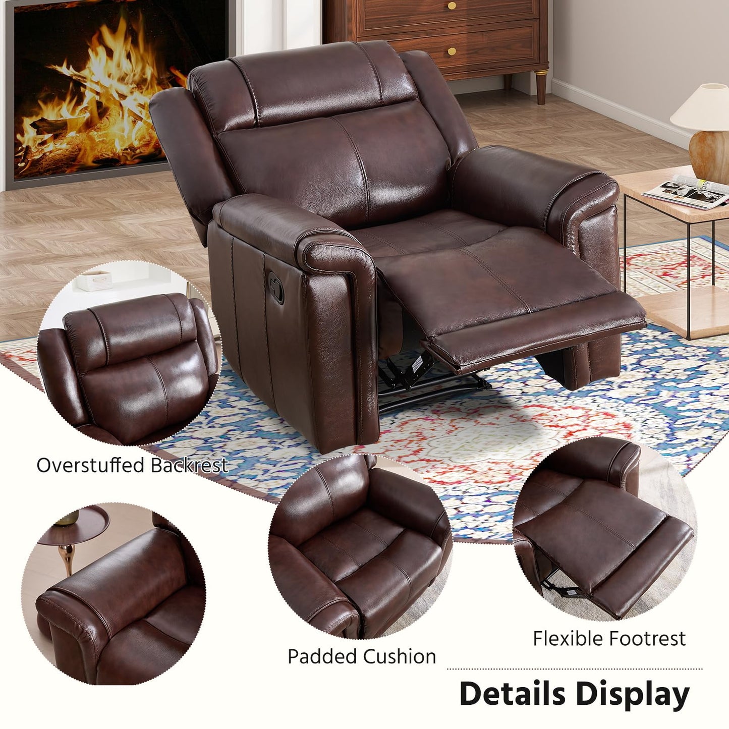 ANJ Premium Genuine Leather Manual Recliner Chair for Adults, Overstuffed Recliners Set of 2 with Padded Backrest, Heavy Duty Reclining Sofa for Living Room, Rust Brown