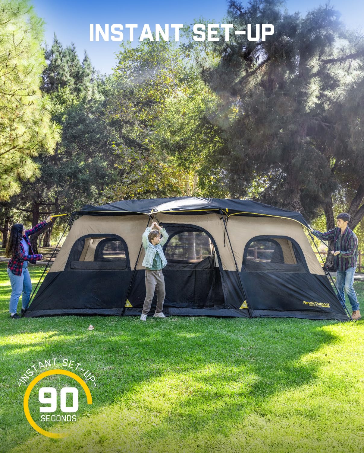 FanttikOutdoor Zeta C12 Pro Max Instant Cabin Tent 12 Person Camping Tent Setup in 90 Seconds with Rainfly & Windproof Portable with Carry Bag for Family Camping & Hiking, Upgraded Ventilation, Khaki