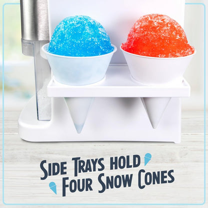 Nostalgia Snow Pro Electric Snow Cone Machine with 64 oz Capacity - Slushie Machine with 4 Reusable Cones, Side Shelves & Ice Scoop - Snow Cone Machine for Family Treats & Refreshing Desserts - White