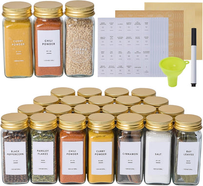 24 576 4oz Pcs Glass Spice Jars with Labels, Empty Square Spice Containers,Seasoning Bottles with Gold Metal Caps