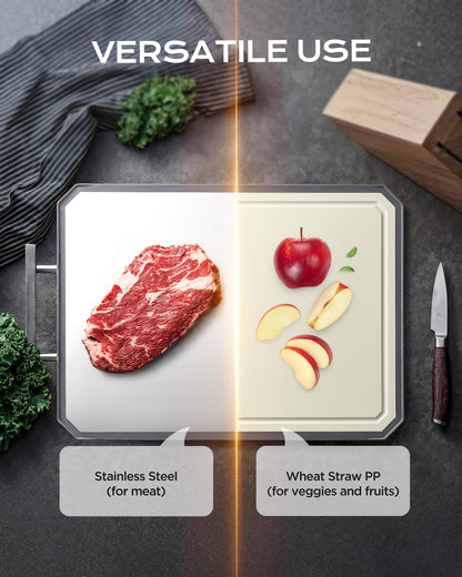 SNOWCLAD Stainless Steel Cutting Board,Double Sided Steel Bread Boards for kitchen,Stainless Steel/Wheat straw pp Large Board for meat,non toxic Chopping,16 * 11 Inch,Dishwasher Safe