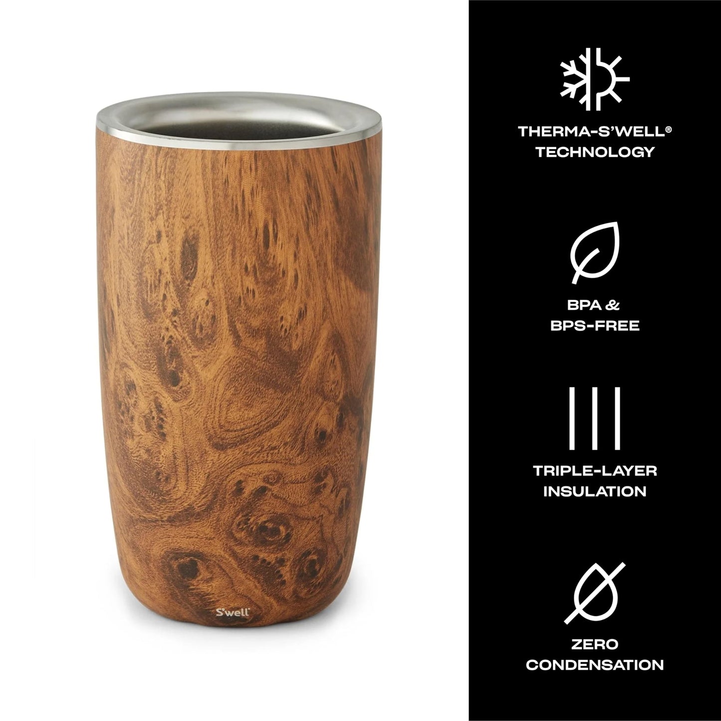 S'well Stainless Steel Wine Chiller, Holds 750ml Bottle, Teakwood, Triple Layered Vacuum Insulated Container Keeps Bottles Chilled for Longer, BPA Free Barware