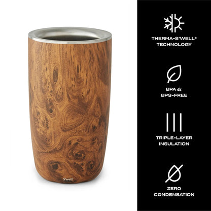 S'well Stainless Steel Wine Chiller, Holds 750ml Bottle, Teakwood, Triple Layered Vacuum Insulated Container Keeps Bottles Chilled for Longer, BPA Free Barware