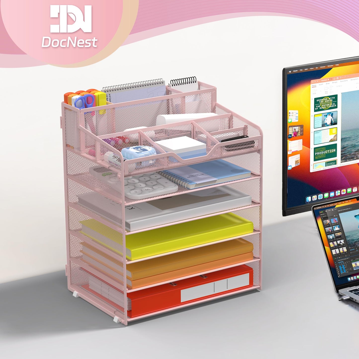 Docnest 6 Tier Mesh Desk Organizer for Paper Office Supplies – Multi-Functional Letter Tray with 5 Adjustable Compartments, 9 Pen Holders, Desktop Storage for Files, Mail, Stationery – Pink