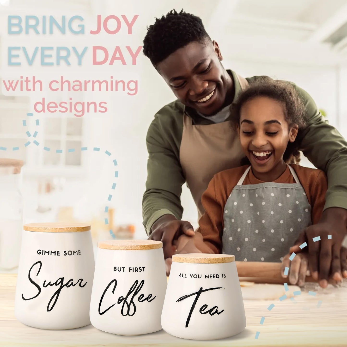 FIFTH FORK Coffee Tea and Sugar Ceramic Canister Set with Bamboo Lids - 3-Piece Airtight Kitchen Canisters for Countertop - Coffee Bar Container Set, Off-White
